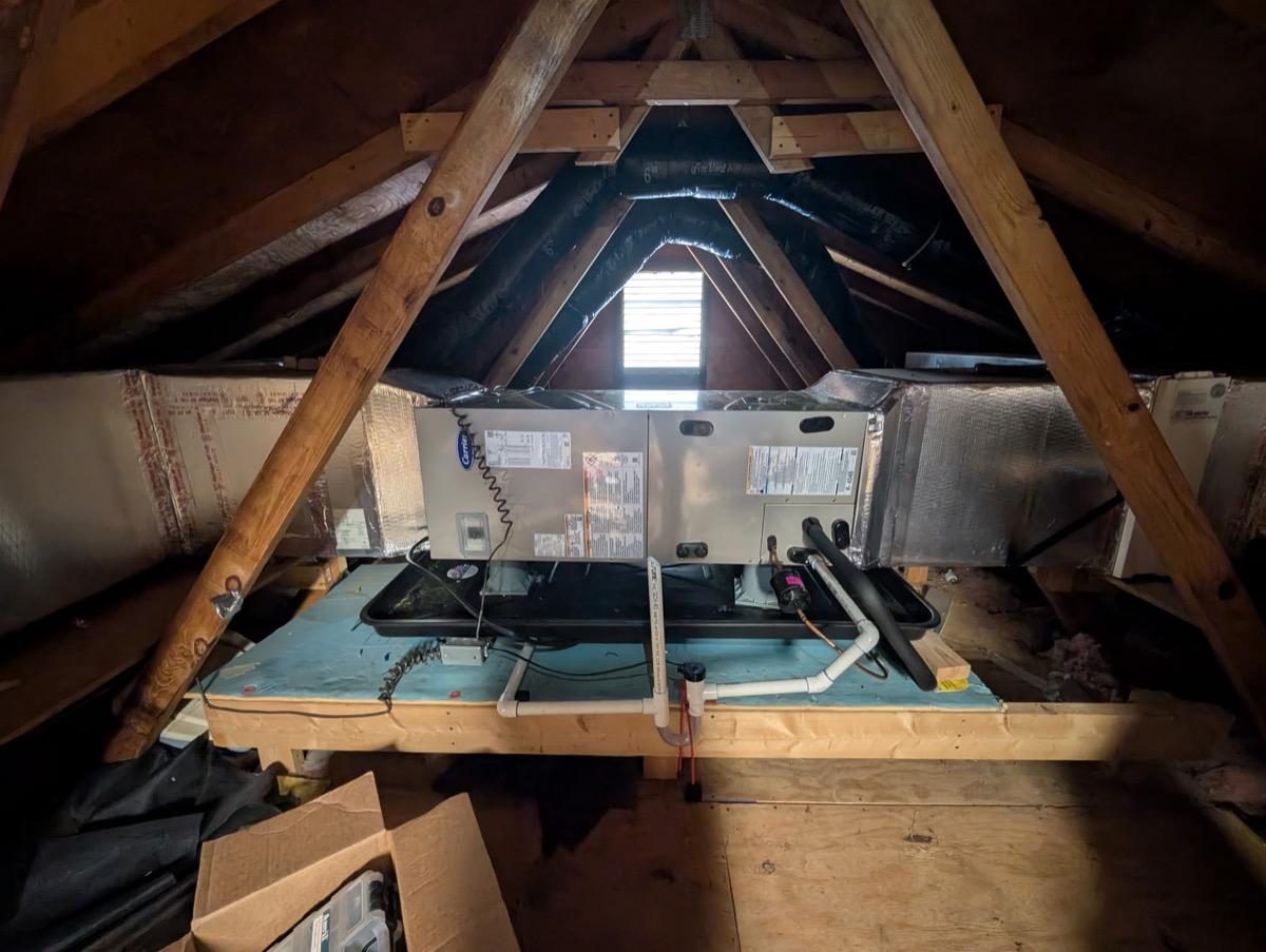 HVAC air handler unit installed in an attic